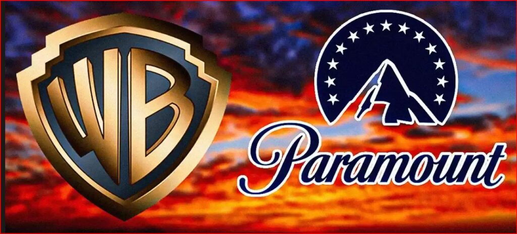 Warner Bros and Paramount logo collage over a sunset sky background.