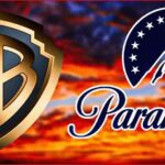 Warner Bros and Paramount logo collage over a sunset sky background.