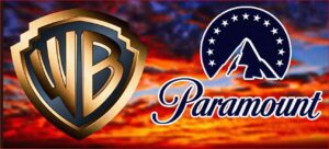 Warner Bros and Paramount logo collage over a sunset sky background.