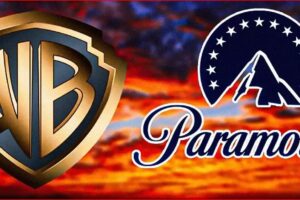 Warner Bros and Paramount logo collage over a sunset sky background.