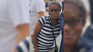 Smiling woman wearing a navy and white striped shirt, glasses, and a headband at an outdoor event.