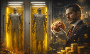 A suited businessman wearing gloves holds a glowing brain while two humanoid figures stand inside yellow containment pods behind him, with coins around.