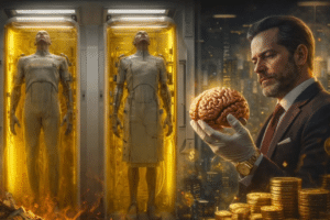 A suited businessman wearing gloves holds a glowing brain while two humanoid figures stand inside yellow containment pods behind him, with coins around.