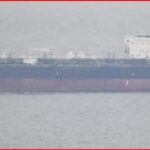 Large cargo ship on calm sea viewed from side, with a dark hull and white superstructure toward the sternsideside of the vessel.