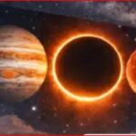 Silhouette of a person with a telescope watching a horizontal strip showing the Moon, Jupiter, a solar eclipse, Mars, and Earth.