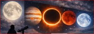 Silhouette of a person with a telescope watching a horizontal strip showing the Moon, Jupiter, a solar eclipse, Mars, and Earth.