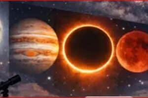 Silhouette of a person with a telescope watching a horizontal strip showing the Moon, Jupiter, a solar eclipse, Mars, and Earth.