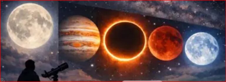 Silhouette of a person with a telescope watching a horizontal strip showing the Moon, Jupiter, a solar eclipse, Mars, and Earth.