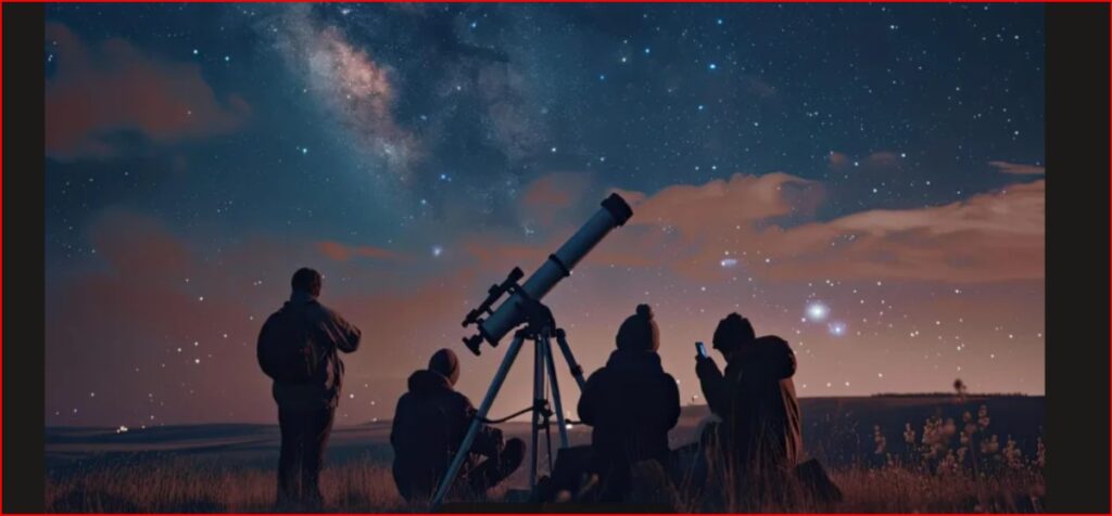 Group of people gathered outdoors at night, looking through a telescope at a starry sky.