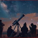 Group of people gathered outdoors at night, looking through a telescope at a starry sky.