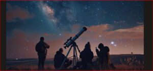 Group of people gathered outdoors at night, looking through a telescope at a starry sky.