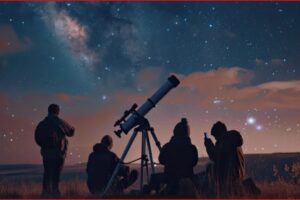 Group of people gathered outdoors at night, looking through a telescope at a starry sky.
