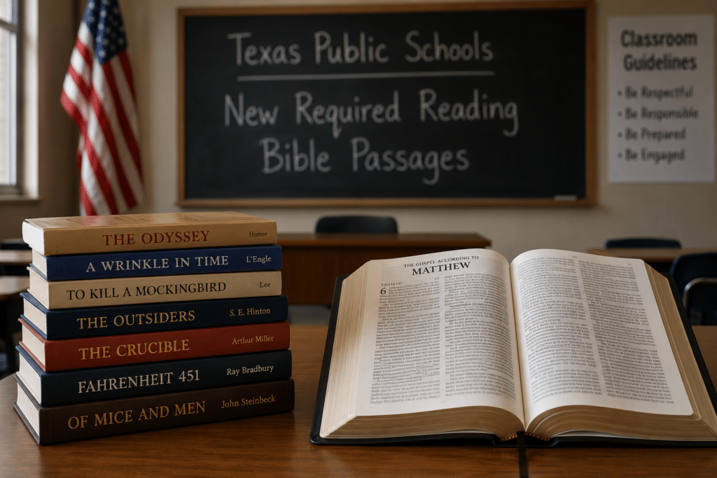 classroom image showing an open Bible beside required literature in a Texas public school