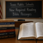 classroom image showing an open Bible beside required literature in a Texas public school