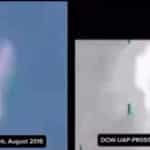 Split-screen image: left shows a blurry white figure against a blue sky with a caption reading 'Sequoia National Park, August 2015'; right shows a grayscale thermal image of a standing figure with green crosshair marks and a caption including 'DOW-UAP-P... NAG UAP 1 JUN 20'.