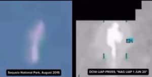 Split-screen image: left shows a blurry white figure against a blue sky with a caption reading 'Sequoia National Park, August 2015'; right shows a grayscale thermal image of a standing figure with green crosshair marks and a caption including 'DOW-UAP-P... NAG UAP 1 JUN 20'.