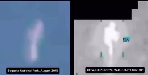 Split-screen image: left shows a blurry white figure against a blue sky with a caption reading 'Sequoia National Park, August 2015'; right shows a grayscale thermal image of a standing figure with green crosshair marks and a caption including 'DOW-UAP-P... NAG UAP 1 JUN 20'.