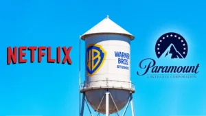 Three major film brands appear side by side: Netflix on the left, a Warner Bros. Studios water tower in the center, and the Paramount logo on the right against a bright blue sky.