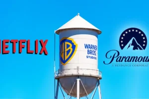 Three major film brands appear side by side: Netflix on the left, a Warner Bros. Studios water tower in the center, and the Paramount logo on the right against a bright blue sky.