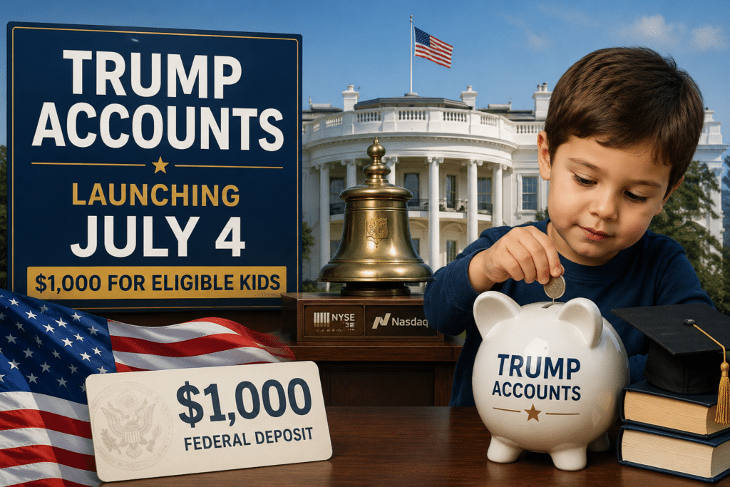 illustration of a child depositing money into a Trump Accounts piggy bank outside the White House