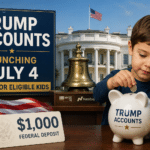 illustration of a child depositing money into a Trump Accounts piggy bank outside the White House