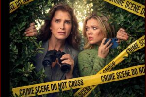 Two women peeking through crime-scene tape in a hedge, looking surprised; poster for Murder Meets Its Match (AcornTV Original).
