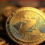 Close-up of a gold Bitcoin token with the BTC symbol and circuit-like engravings, coins blurred in the background.