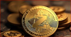 Close-up of a gold Bitcoin token with the BTC symbol and circuit-like engravings, coins blurred in the background.