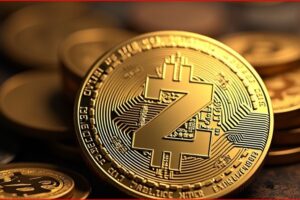 Close-up of a gold Bitcoin token with the BTC symbol and circuit-like engravings, coins blurred in the background.