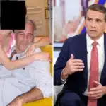 Split image: left shows a masked woman hugging a man on a yellow chair; right shows a man in a navy suit speaking on a TV set.