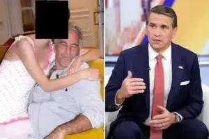 Split image: left shows a masked woman hugging a man on a yellow chair; right shows a man in a navy suit speaking on a TV set.