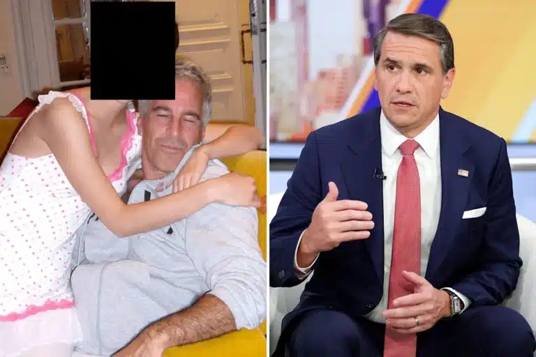 Split image: left shows a masked woman hugging a man on a yellow chair; right shows a man in a navy suit speaking on a TV set.