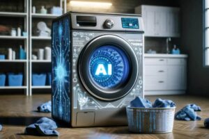 Front-loading washing machine with a blue AI-themed glow around the door, in a tidy laundry room with a laundry basket nearby.