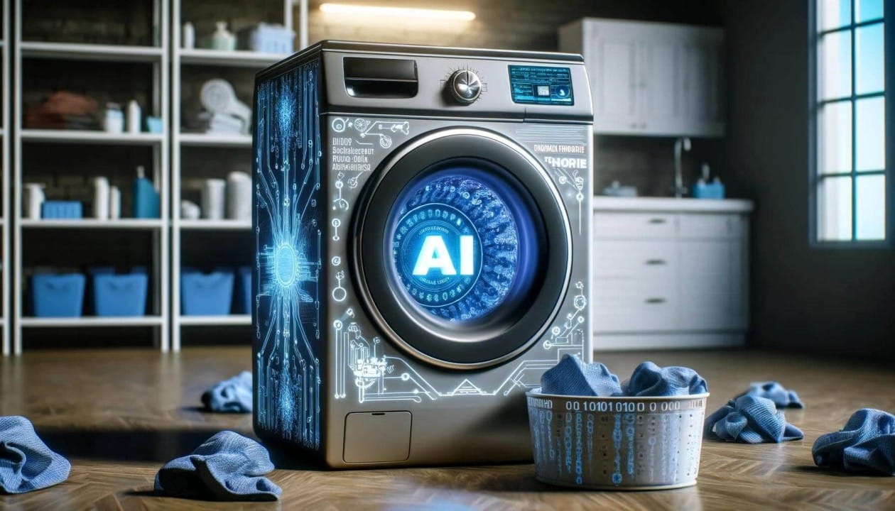 Front-loading washing machine with a blue AI-themed glow around the door, in a tidy laundry room with a laundry basket nearby.