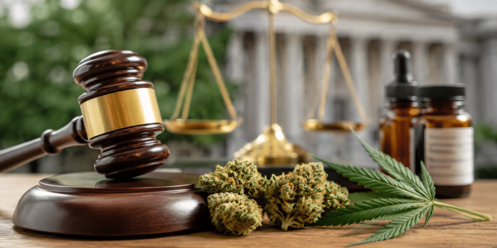 Gavel and scales of justice with cannabis buds and a dropper bottle on a wooden table, symbolizing marijuana law regulation