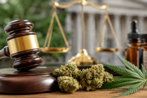 Gavel and scales of justice with cannabis buds and a dropper bottle on a wooden table, symbolizing marijuana law regulation
