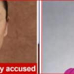 Split image: left side shows a woman with a warm smile and a red banner reading 'Falsely accused'; right side shows another smiling woman in a purple outfit against a gray background, suggesting a contrast in a story about innocence and allegations.