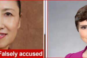 Split image: left side shows a woman with a warm smile and a red banner reading 'Falsely accused'; right side shows another smiling woman in a purple outfit against a gray background, suggesting a contrast in a story about innocence and allegations.