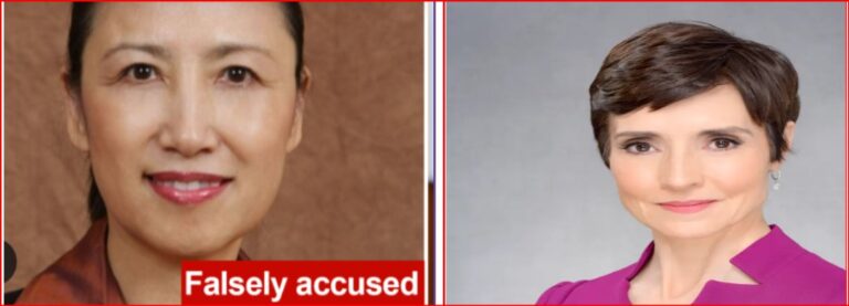 Split image: left side shows a woman with a warm smile and a red banner reading 'Falsely accused'; right side shows another smiling woman in a purple outfit against a gray background, suggesting a contrast in a story about innocence and allegations.