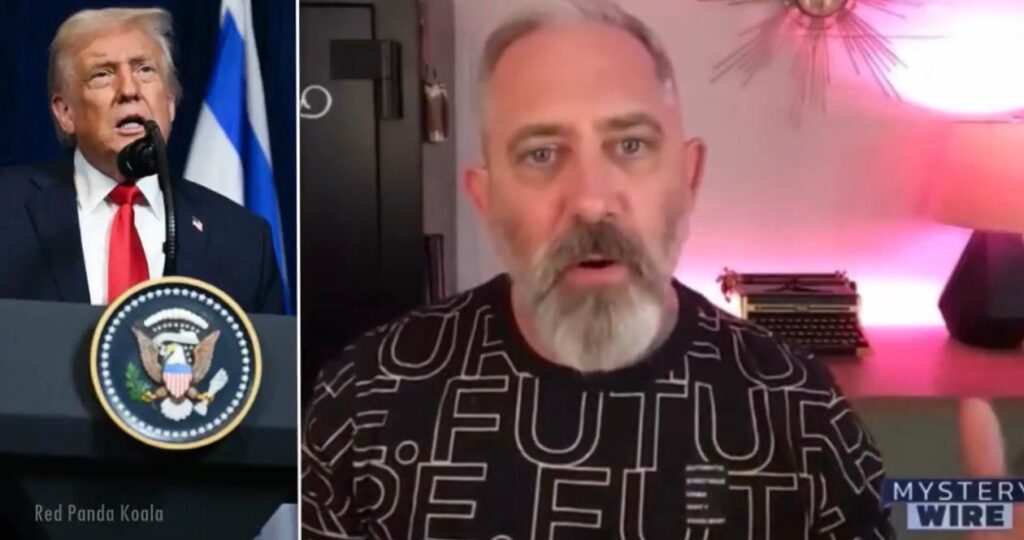 Split-screen video: left shows a male politician at a podium with a national seal; right shows a bearded man speaking in a pink-lit room.