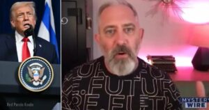 Split-screen video: left shows a male politician at a podium with a national seal; right shows a bearded man speaking in a pink-lit room.