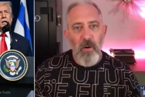 Split-screen video: left shows a male politician at a podium with a national seal; right shows a bearded man speaking in a pink-lit room.
