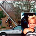Police car parked in front of a brick house decorated with wreaths during the day; a smaller inset photo shows a smiling blonde girl in a black-and-white outfit.