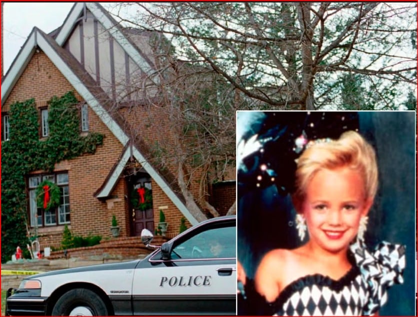 Police car parked in front of a brick house decorated with wreaths during the day; a smaller inset photo shows a smiling blonde girl in a black-and-white outfit.