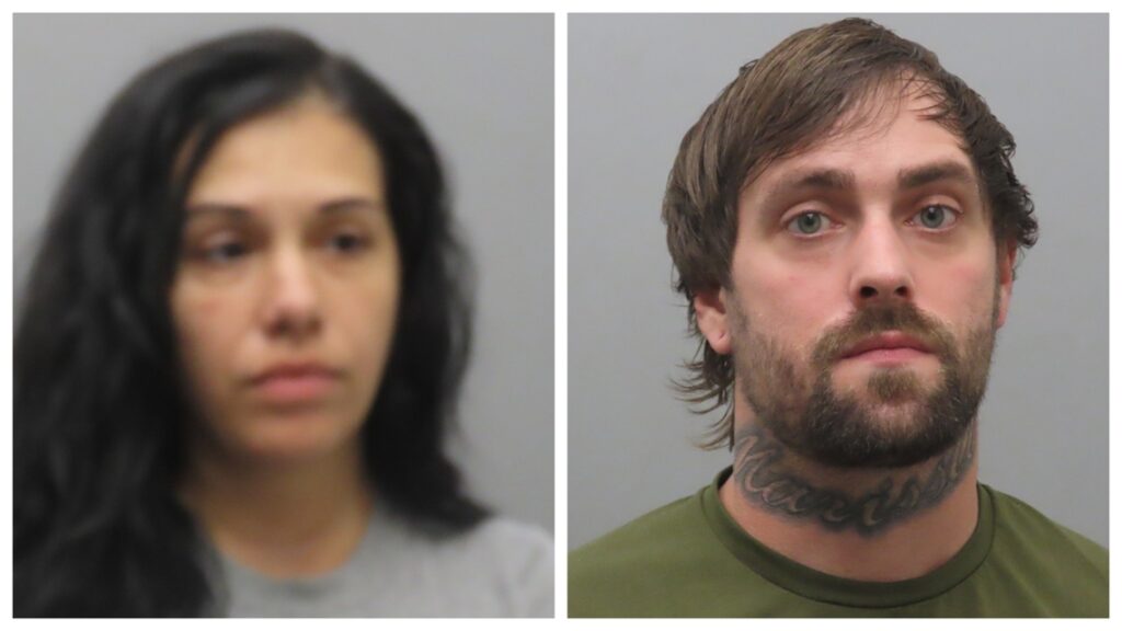 Two mugshots side by side: left is a woman with dark hair wearing a gray shirt; right is a man with brown hair, beard, neck tattoo, wearing a green shirt.