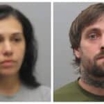 Two mugshots side by side: left is a woman with dark hair wearing a gray shirt; right is a man with brown hair, beard, neck tattoo, wearing a green shirt.
