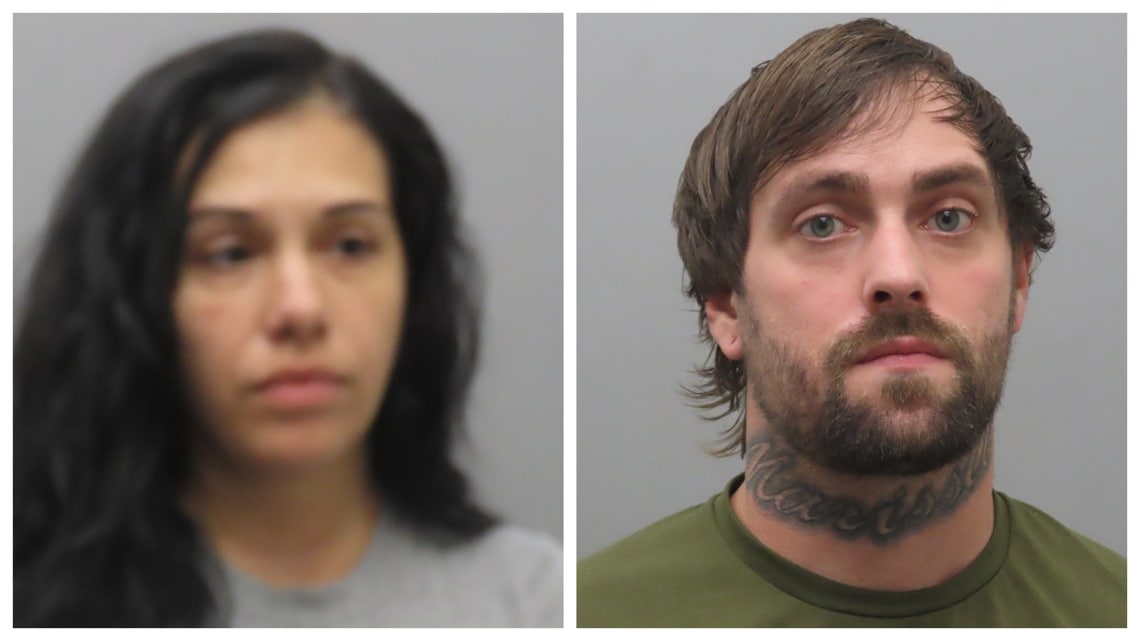 Two mugshots side by side: left is a woman with dark hair wearing a gray shirt; right is a man with brown hair, beard, neck tattoo, wearing a green shirt.