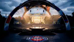 Outdoor concert stage set in front of a lit government building, with a curved truss arch, audience seating, and a UFC Freedom 250 logo on the floor in the foreground.