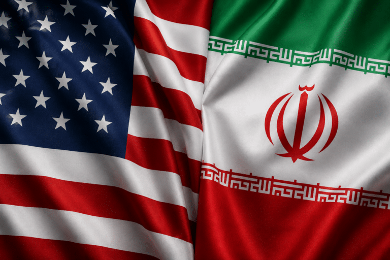 Two national flags side by side: the United States with stars and stripes and Iran with its green-white-red stripes and emblem