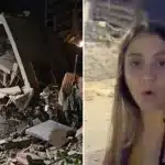 Left: collapsed building with debris and rescue workers at night; right: female journalist speaking to camera on a dim street.